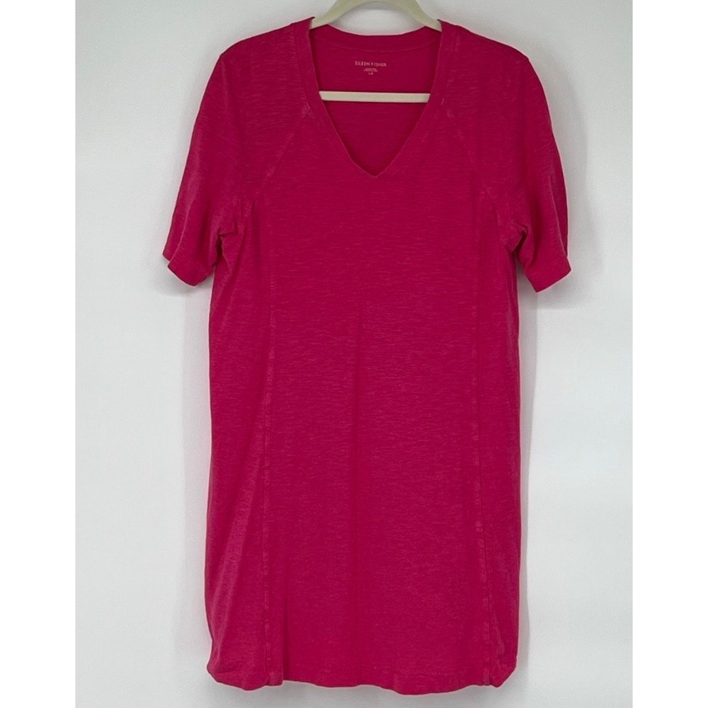 EILEEN FISHER Dress Large Pink V-Neck Short Sleeve Slub Knit Relaxed Hemp Cotton